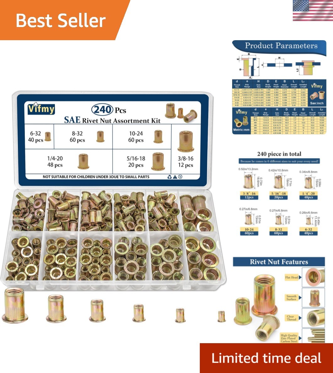 High-Quality 240 Pcs Rivnut Assortment Kit - Corrosion Resistant, Easy Storage