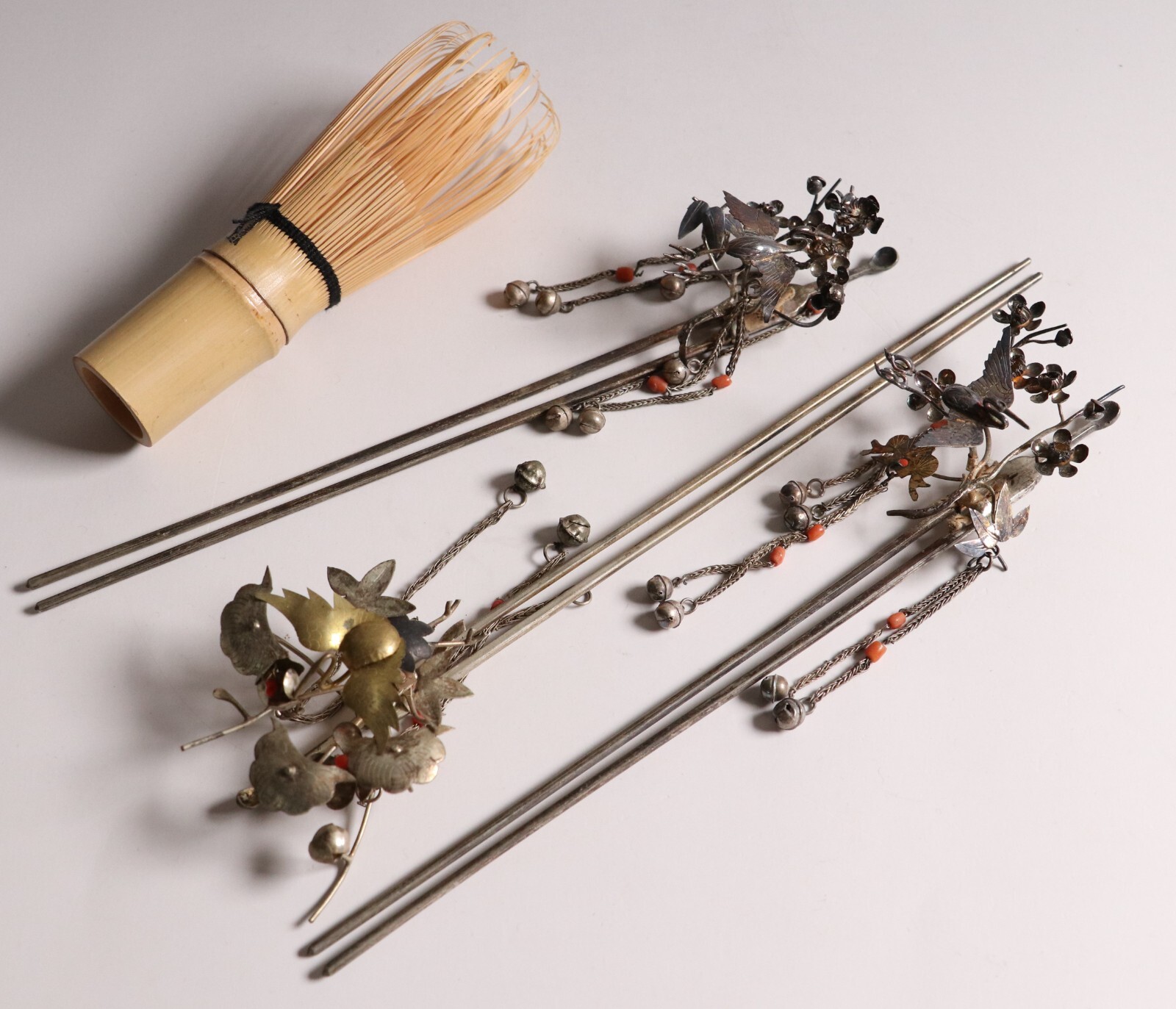 Japanese Silver&Coral Kanzashi Hairpin Set of 3 Geisha Accessory Jewelry Plum