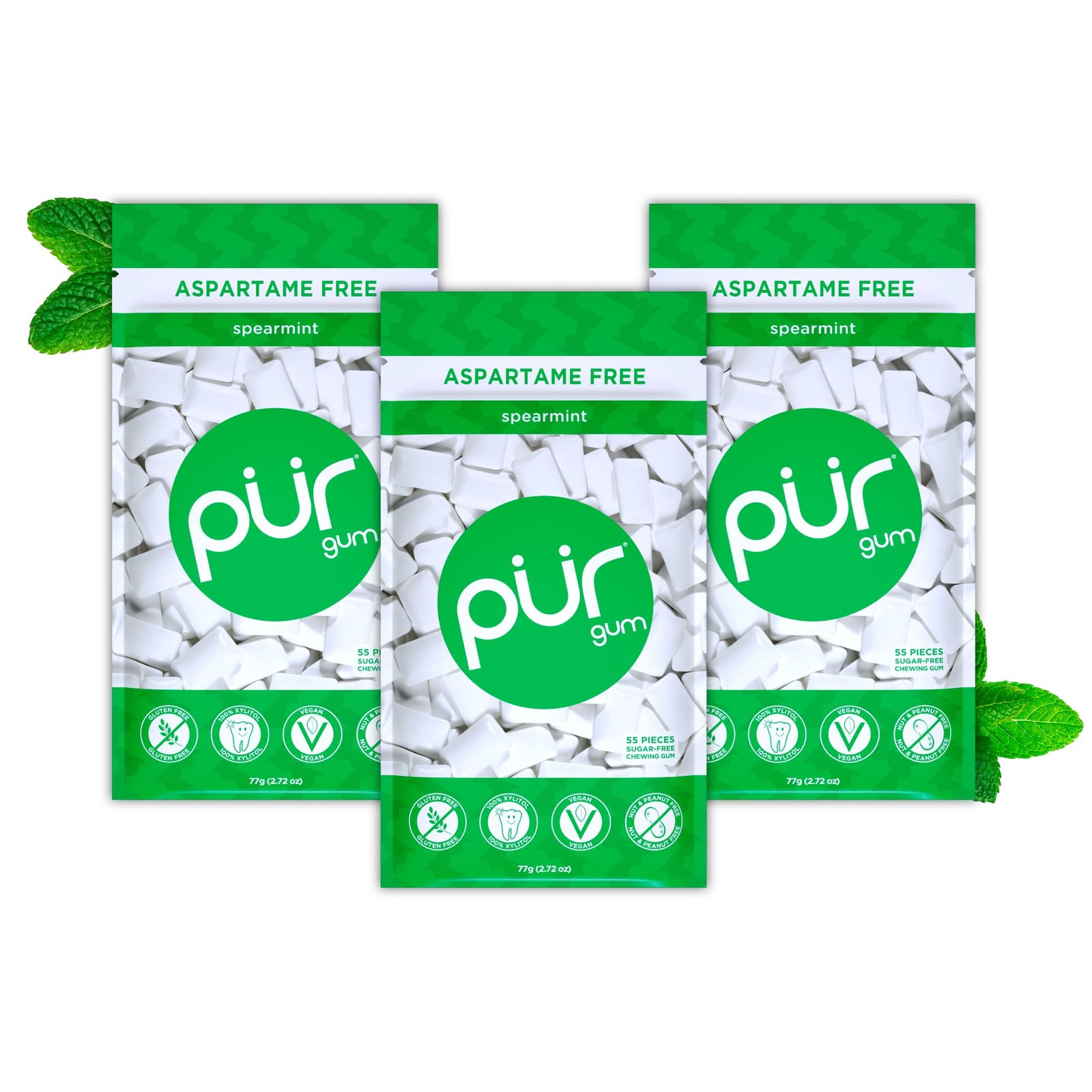 PUR Gum | Aspartame Free Chewing | 100% 55 Count (Pack of 3), Spearmint PUR Gum | Aspartame Free Chewing | 100% 55 Count (Pack of 3), Spearmint