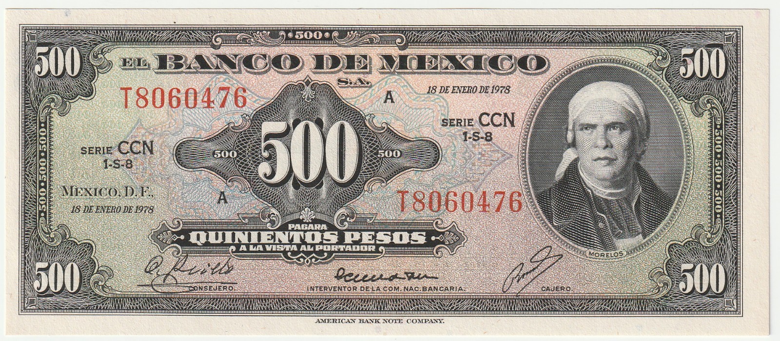 Mexico 500 Pesos Banknote 1978 Uncirculated Grade-60 Freedom Fighter Morales