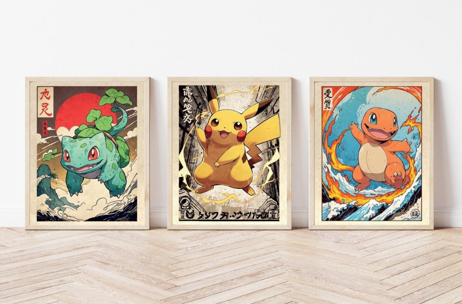 Set of 3 Vintage Starters Pokemon Art piece canvas wall home decor Portrait