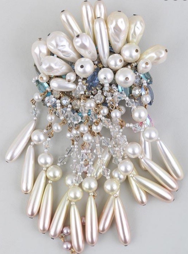 Large 7” Beautiful Vintage Gaetano Fazio Brooch Faux Pearls Stones Statement