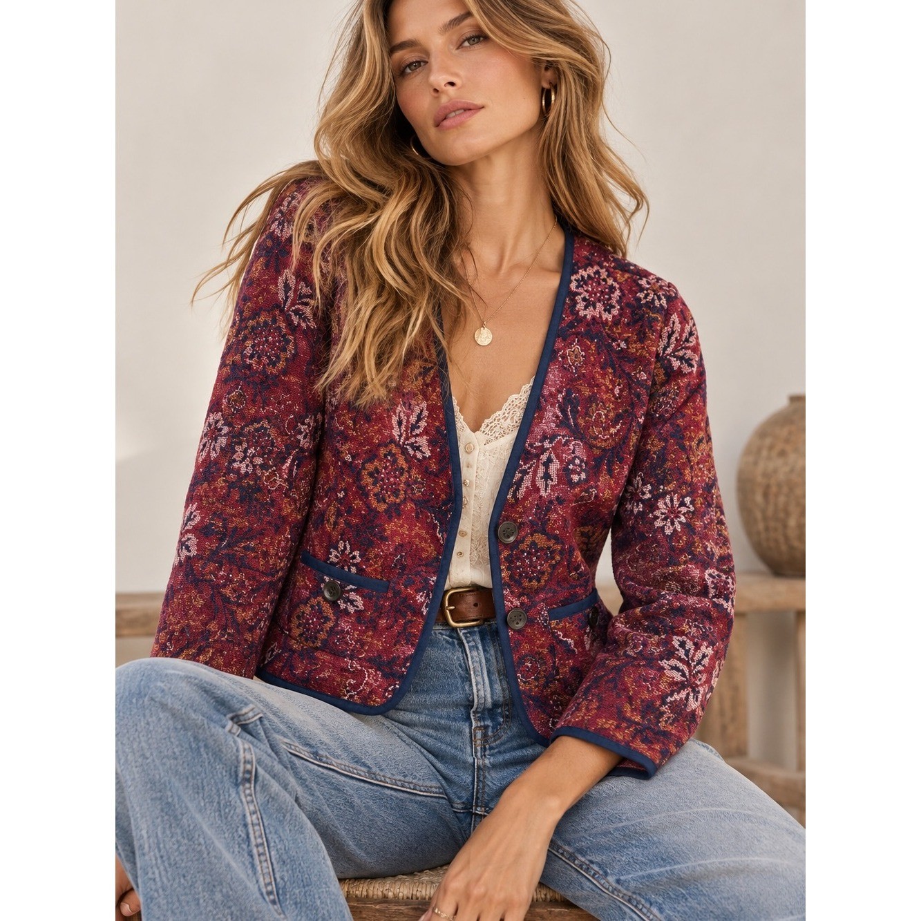 Talbots NWT Floral Jacquard Blazer Jacket Burgundy Navy Boho Bohemian L