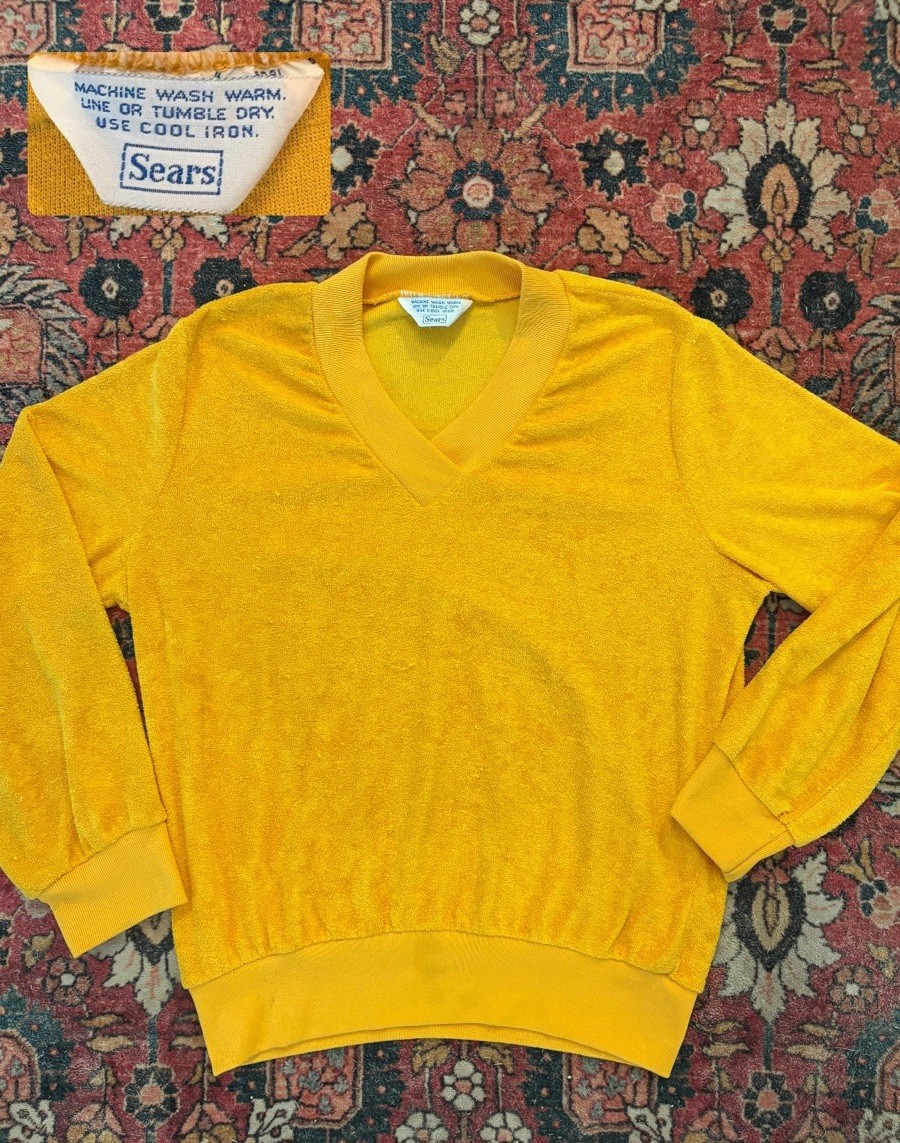 Vintage 60s Terry Cloth Striped Crewneck Rockabilly Mens M Mid Century Mod Punk