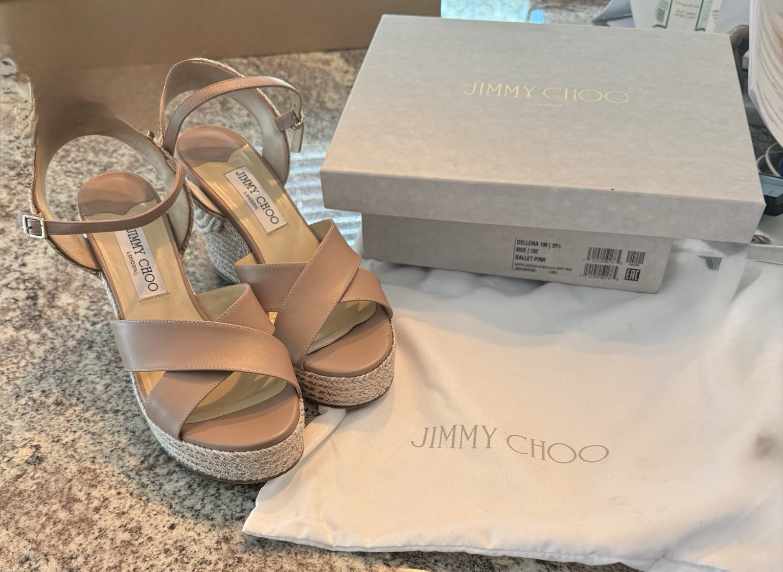 Jimmy Choo Dellena 100 Ballet Pink Leather Wedge Sandals 39.5 Box Dust Bag
