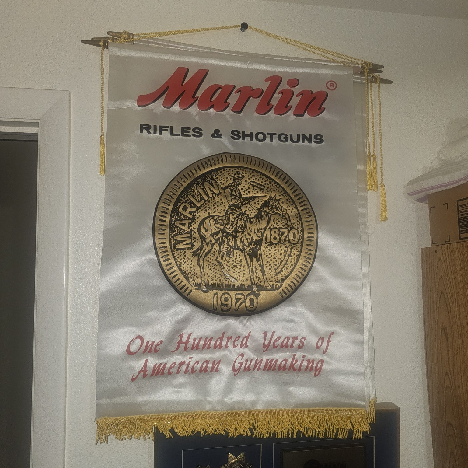 Vintage Marlin Satin Advertising Banner Fringed Rifles & Shotguns 28 x 20 in