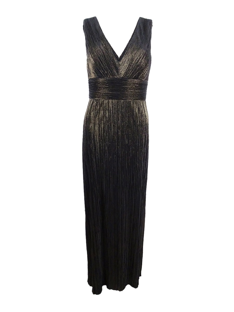 Jessica Howard Women\'s Pleated Metallic Slit Gown (10, Black/Gold)