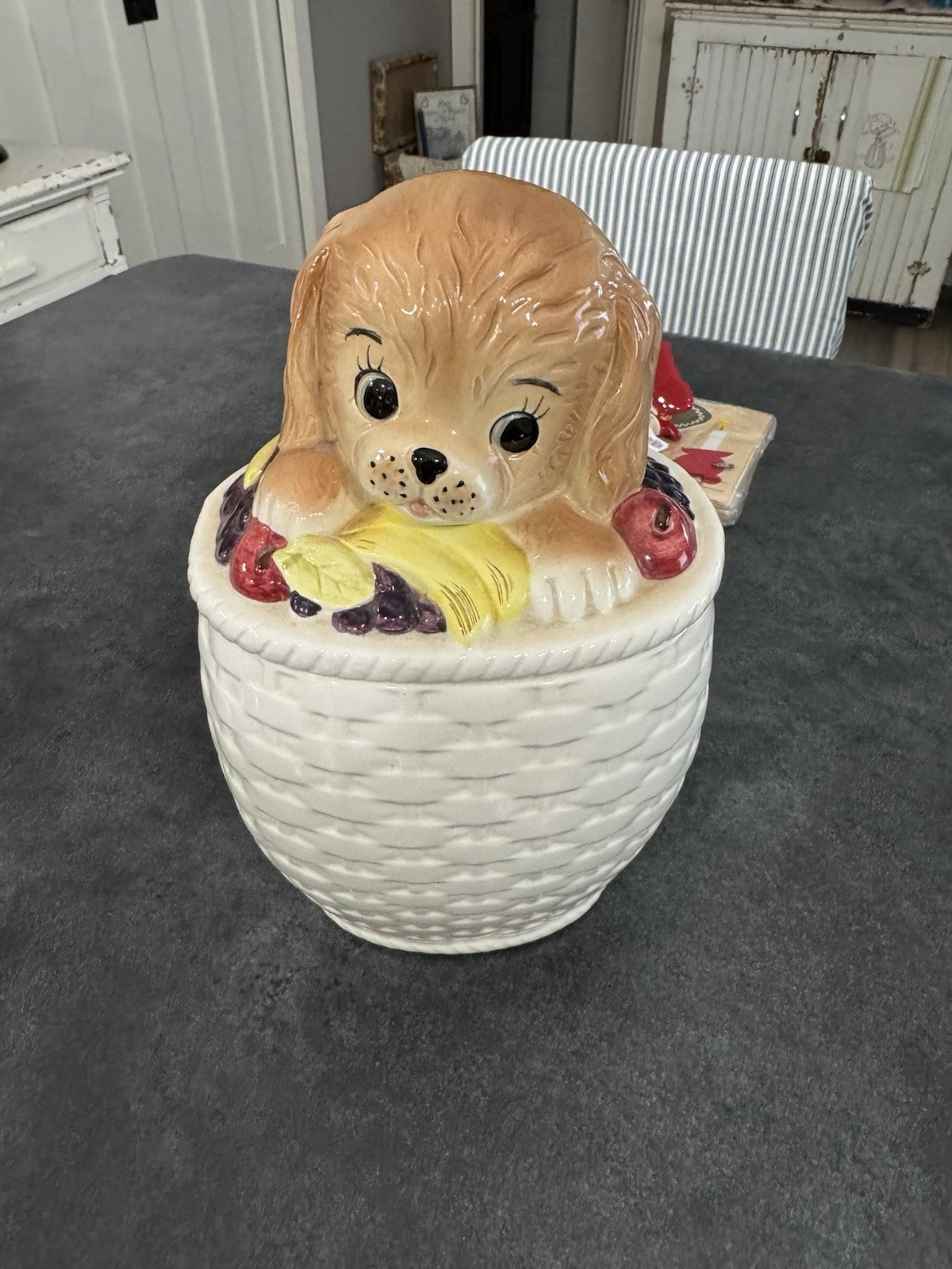 DARLING RARE VINTAGE PUPPY DOG IN FRUIT BASKET ENESCO COOKIE JAR