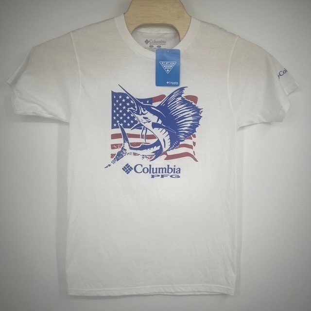 NWT Columbia PFG Men\'s Sailfish American Flag White Graphic T-Shirt Size Small