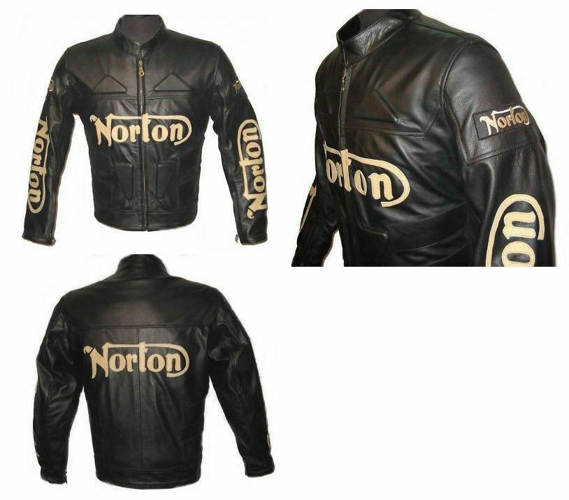 Mens Racing Norton Full Black Cowhide Motorcycle Leather Jacket Safety Pads