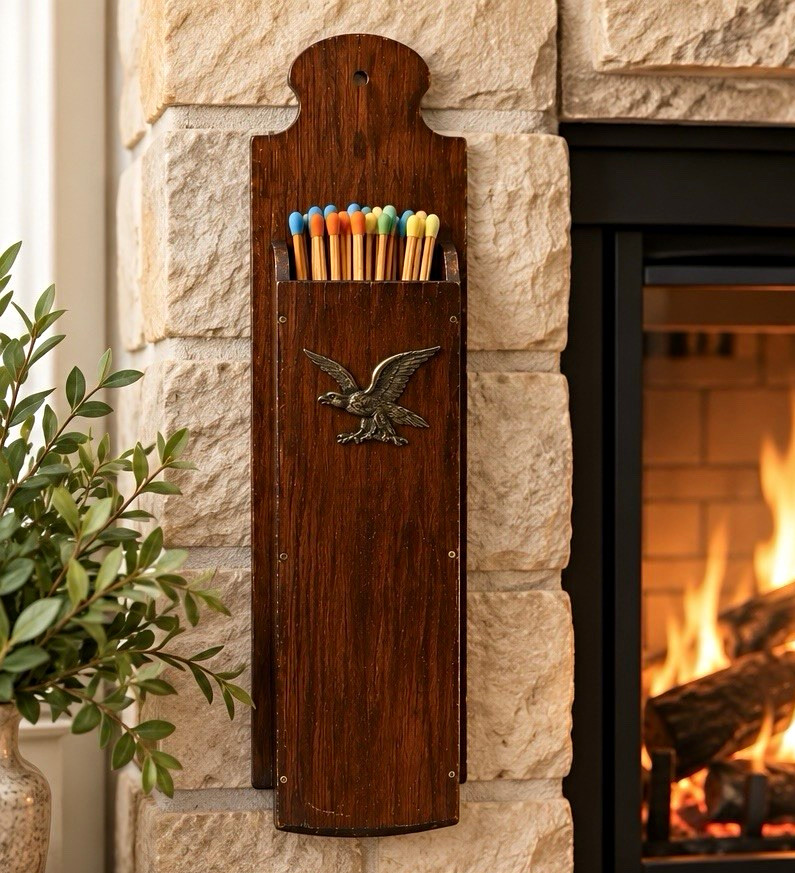 Vintage Wood Box Wall Mount Fireplace Long 14.5” Match Holder Brass Eagle Motif