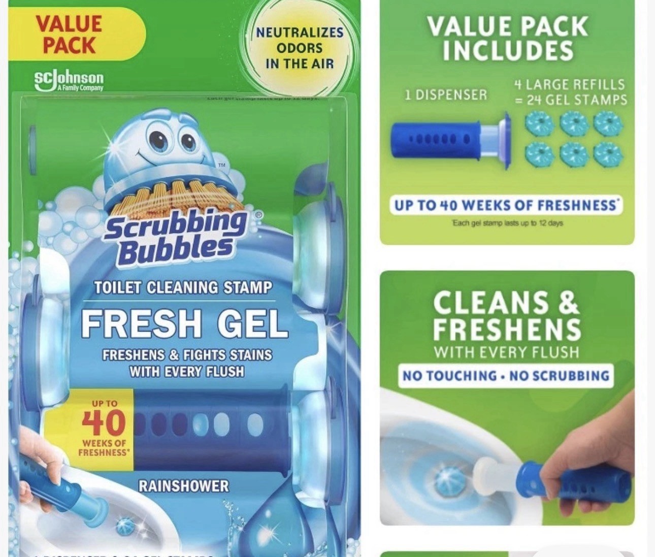 4 Scrubbing Bubbles Rainshower Gel Toilet Cleaning Stamp, Rain shower 4 Refills
