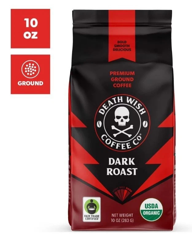 Death Wish Coffee Organic and Fair Trade Dark Roast Ground Coffee 10oz