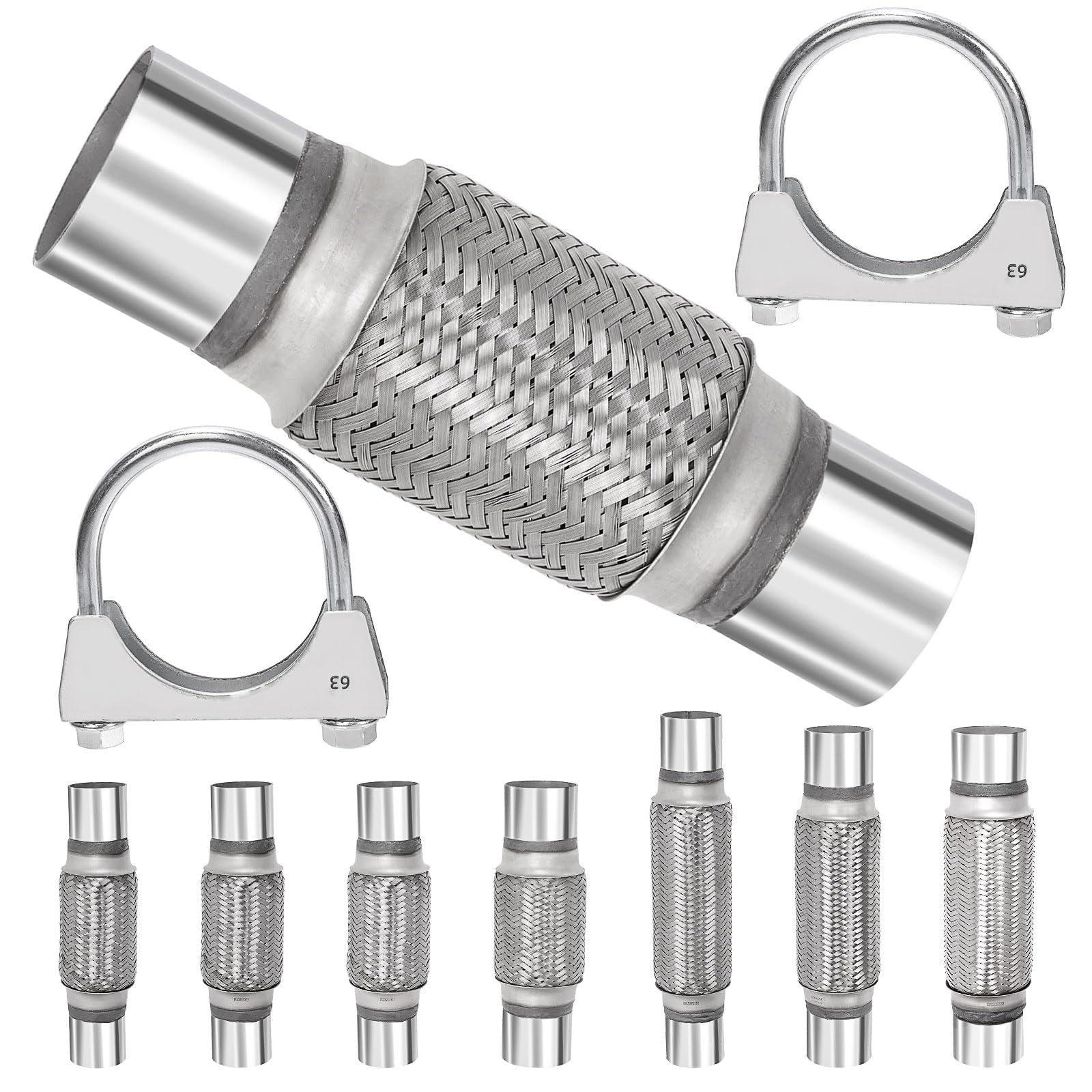 3PCS 2.5'' Exhaust Flex Pipe Kit w/U-Clamp Stainless Steel Double Braid 