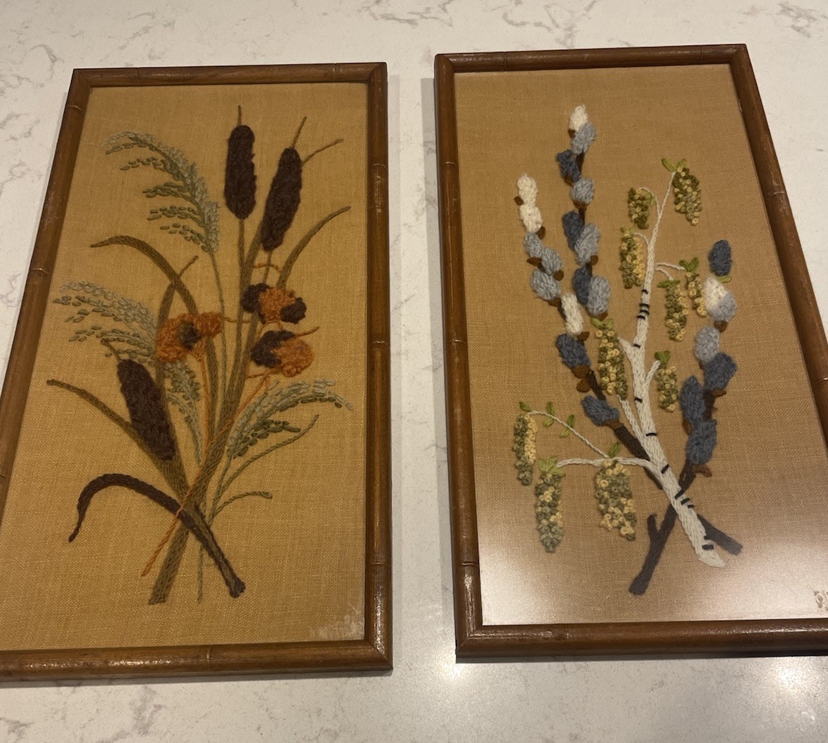 Vintage MCM Crewel Embroidery Finished Framed Pussy Willows and Cattails Set