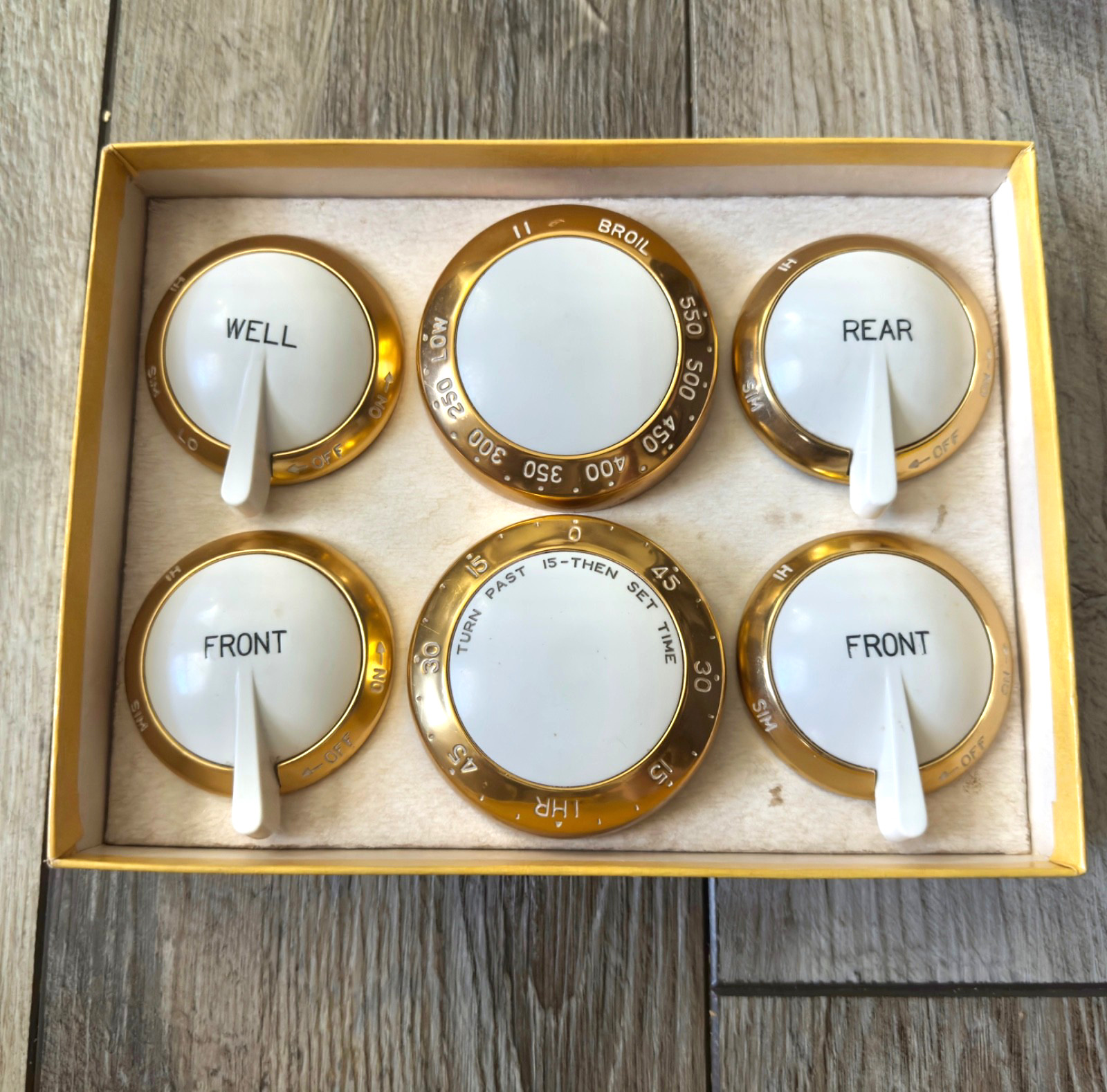 Vintage Maytag Dutch Oven Thermostat Timer Burner Knob Dial Set Of 6 Gold