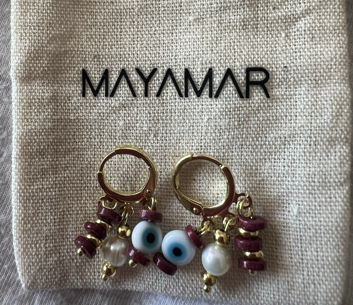 Mayamar Evil Eye Beaded Huggie Charm Earrings Gold Color Pearl Burgundy Blue New