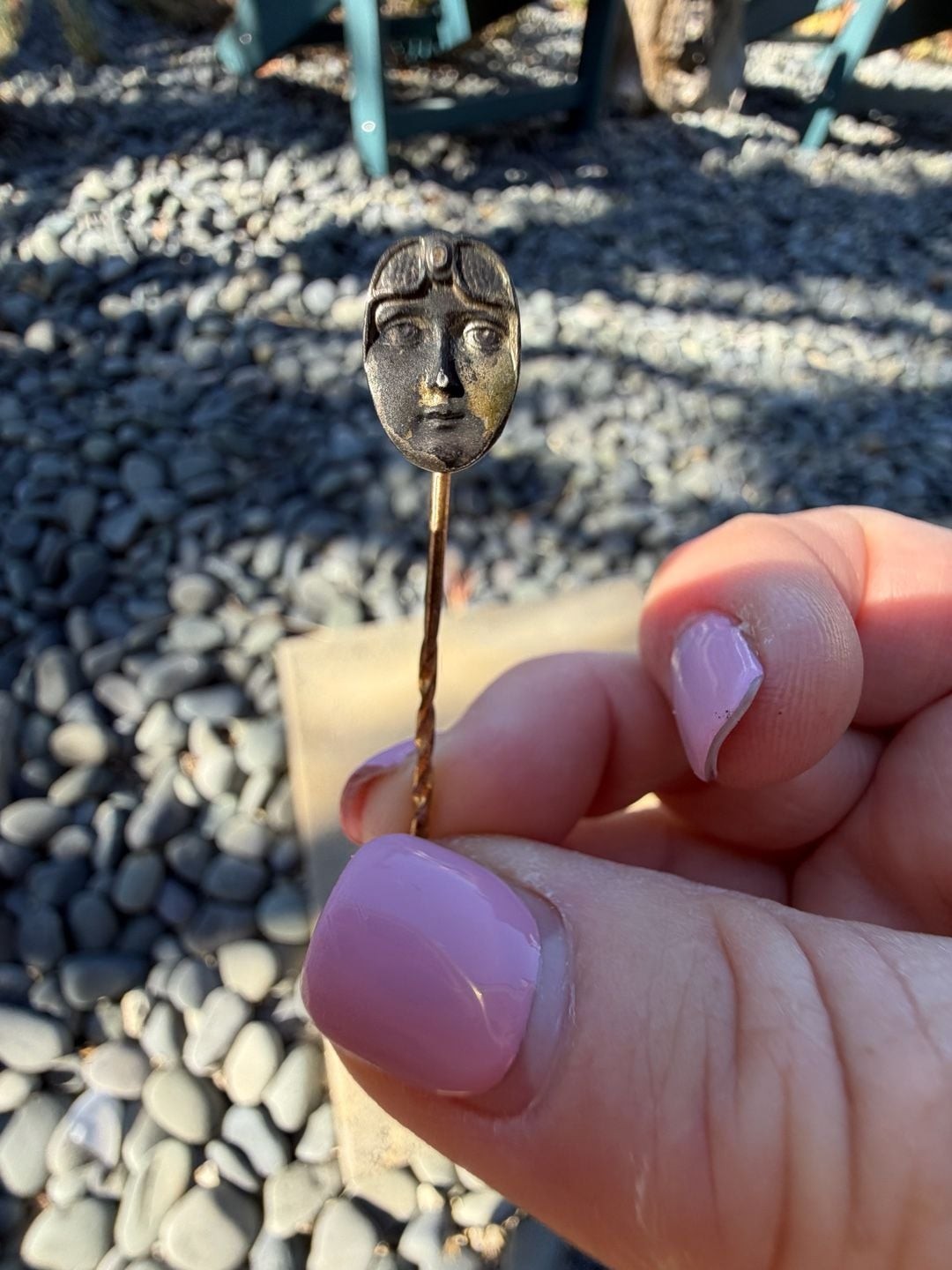 Antique Art Deco Metal Carved Female Face Intaglio Stick Pin