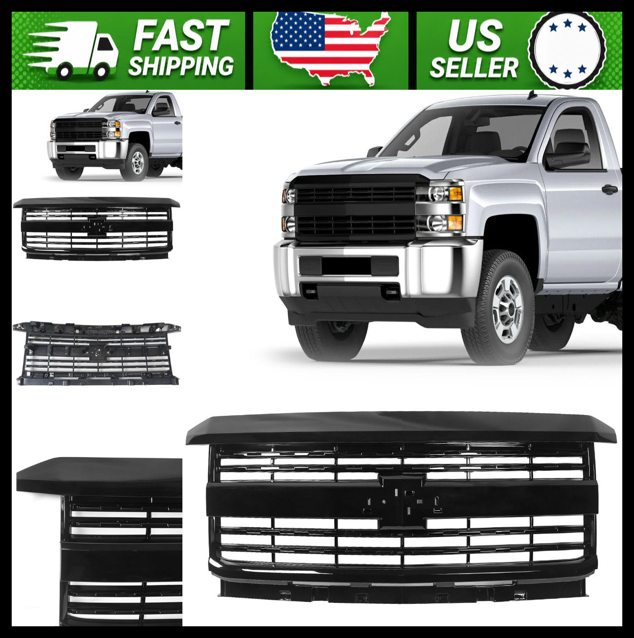 JOLONG Front Upper Hood Grille for 2015-2019 Chevy Silverado 2500/3500 HD