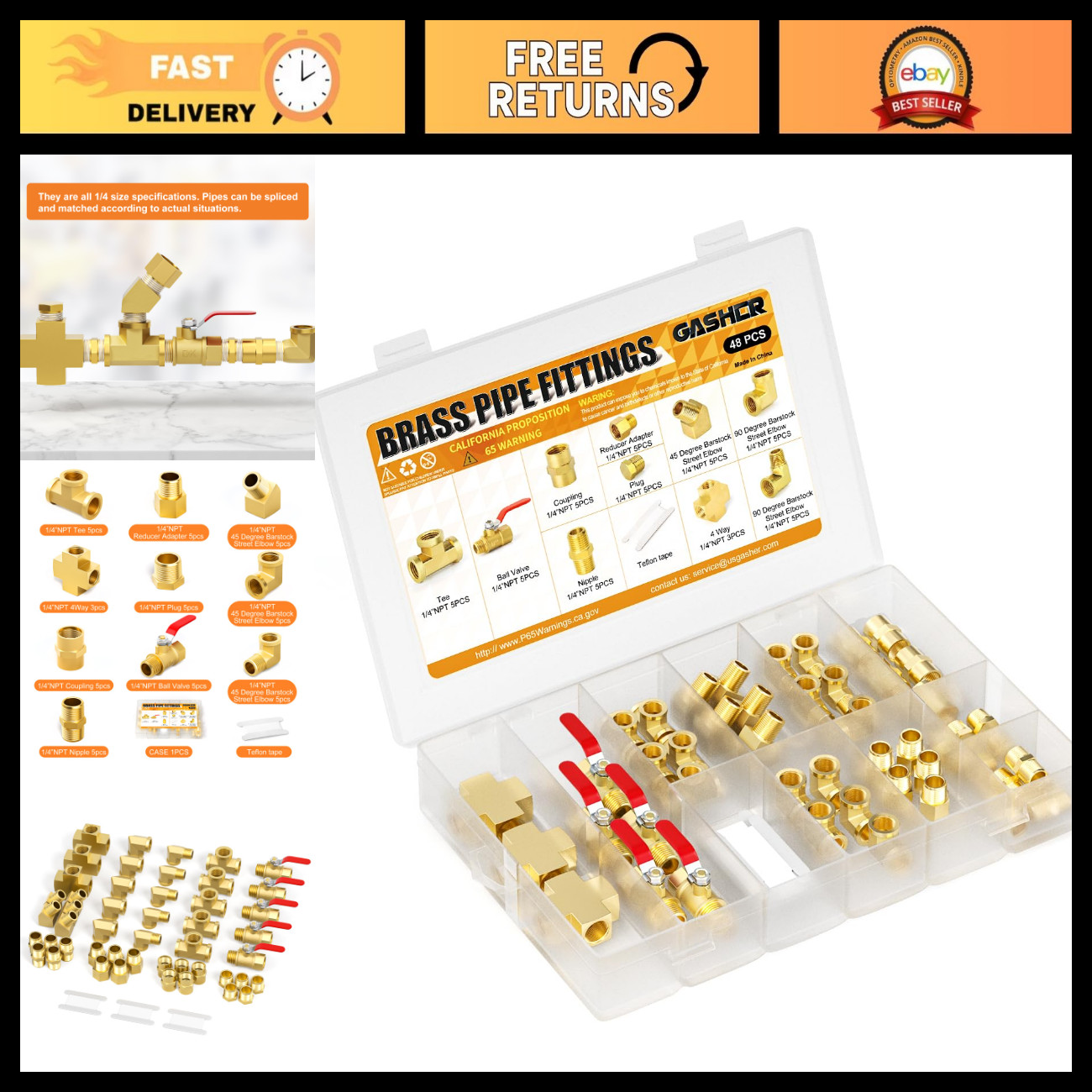 48PCS Brass Pipe Fittings Kit - 1/4\ 48PCS Brass Pipe Fittings Kit - 1/4\