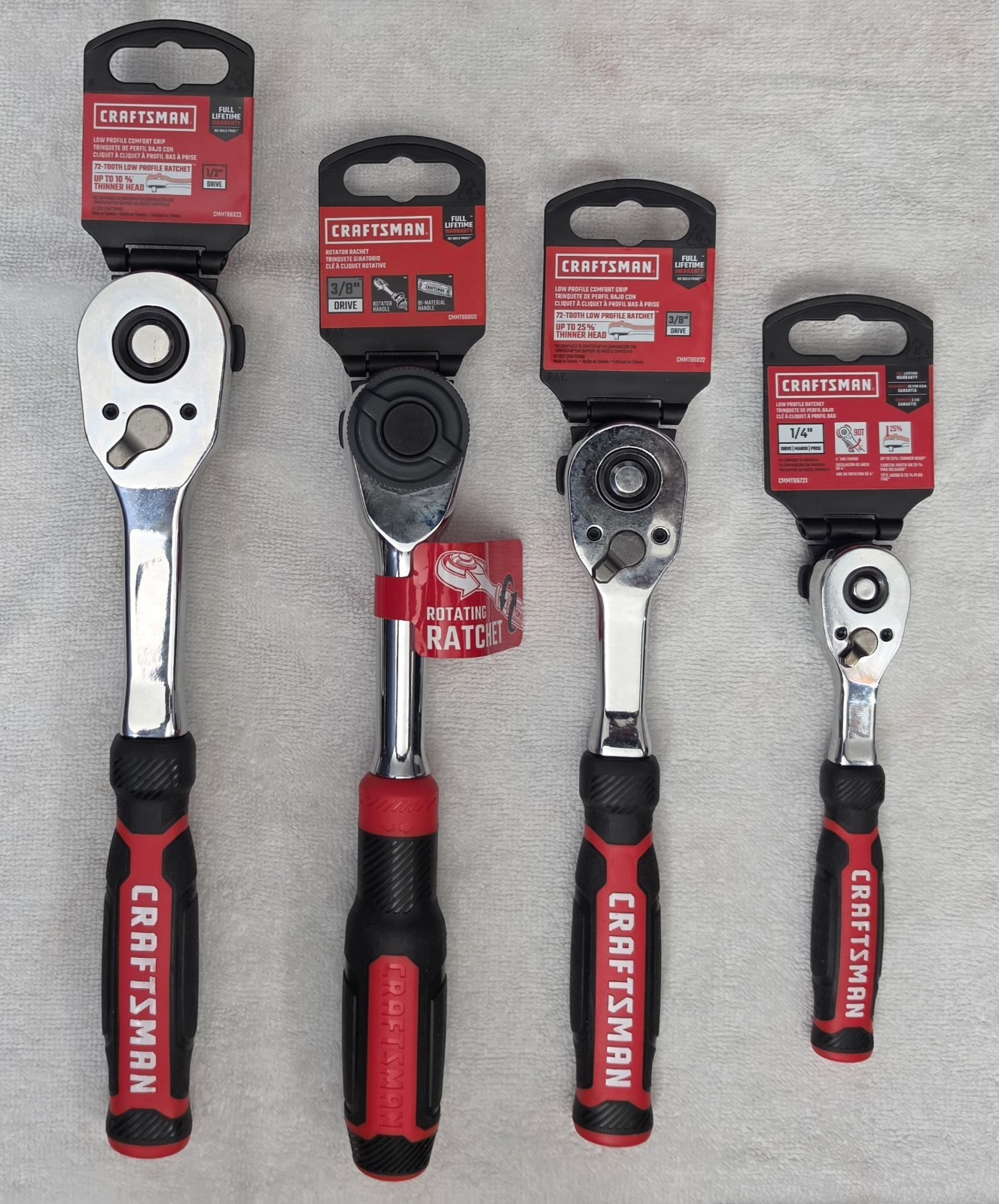 NEW Craftsman Comfort Grip Set 1/4, 3/8, 3/8 Ratcheting Handle, & 1/2 Ratchets NEW Craftsman Comfort Grip Set 1/4, 3/8, 3/8 Ratcheting Handle, & 1/2 Ratchets