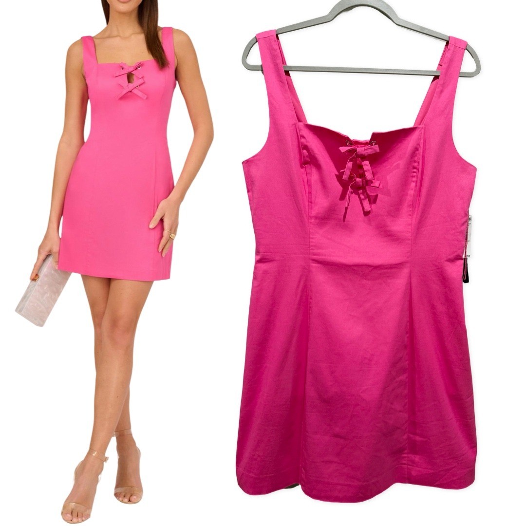 Adrianna Papell A-line Mini Dress Sleeveless Pink Size 12 Bow Square Neck Cotton Adrianna Papell A-line Mini Dress Sleeveless Pink Size 12 Bow Square Neck Cotton