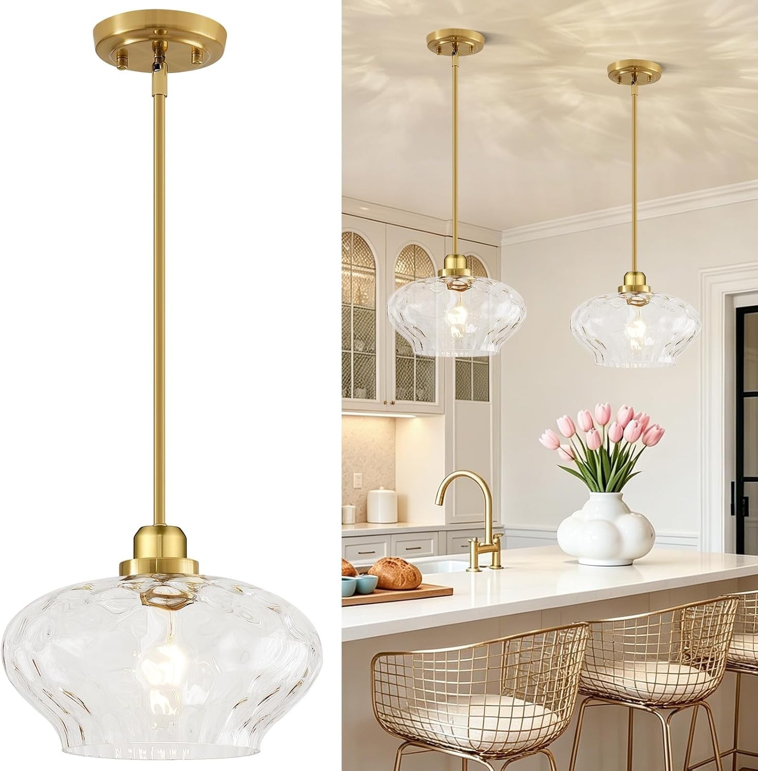 Modern Gold Pendant Light 1 Pack, Clear Hammered Glass