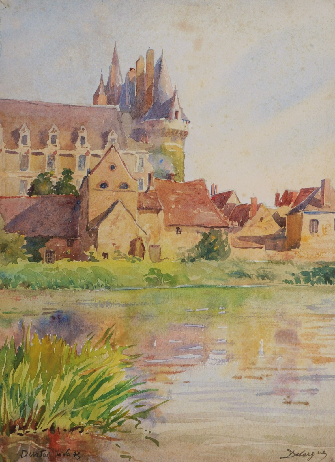 André Alfred Debergue drawing watercolor painting landscape view castle Durtal Anjou