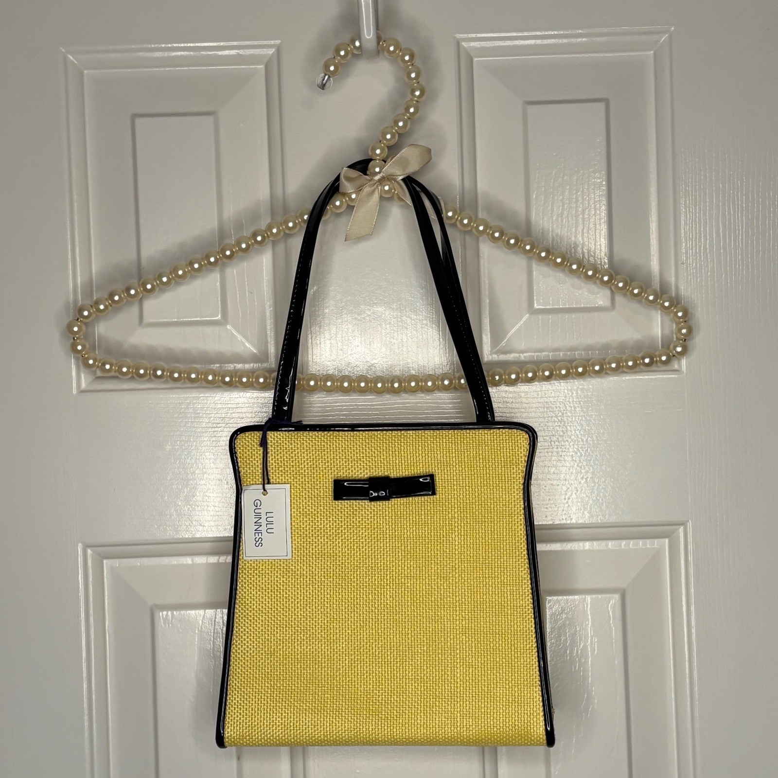 Lulu Guinness Yellow Canvas Tote Bag with Black Patent Bow – NWT $168