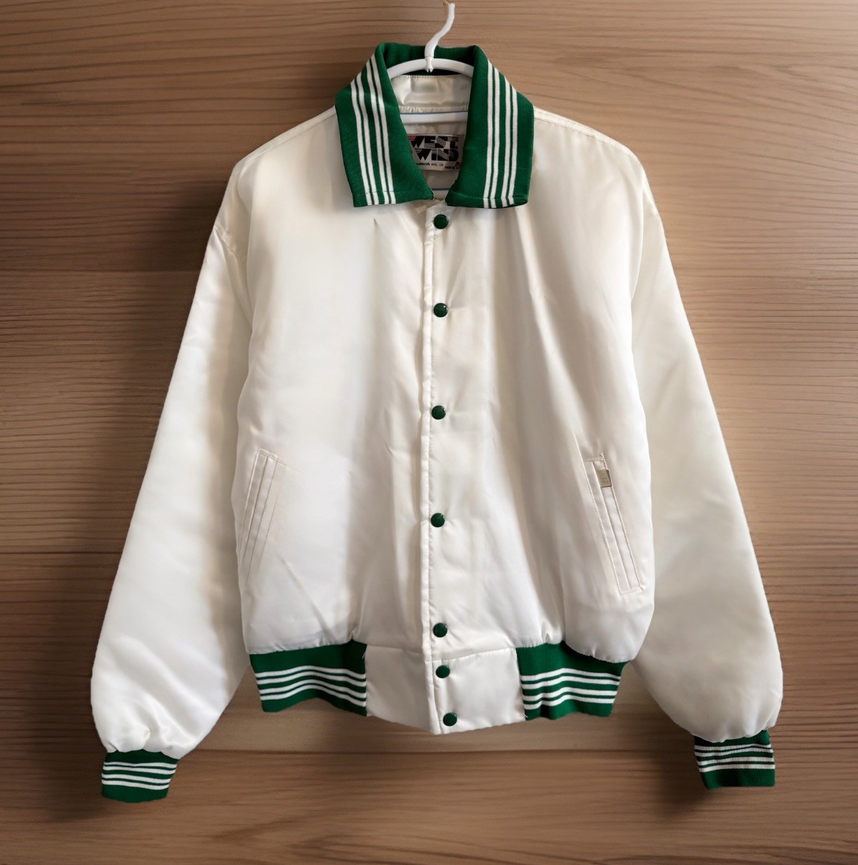 Vtg WEST WIND Mens Jacket Satin Snap Button Bomber Varsity White Green Sz L USA