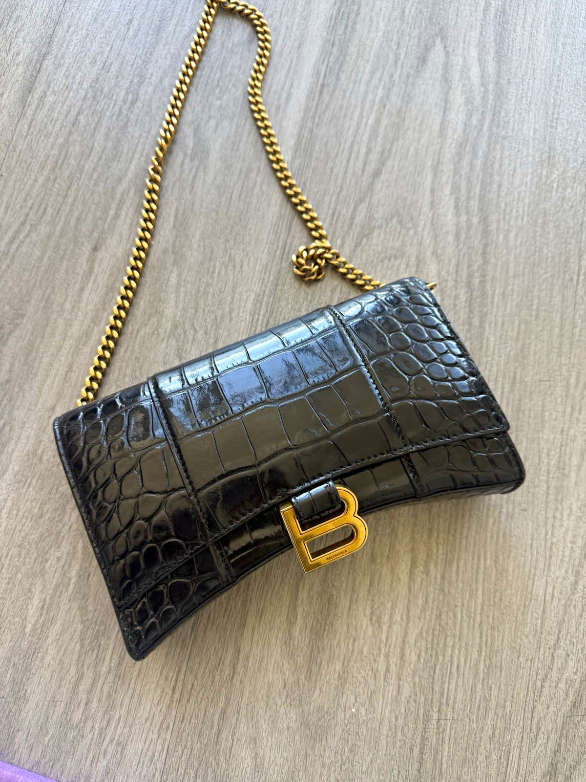 Balenciaga Black Animal Print Shoulder Bag Gold Chain Strap BB Logo Dust Bag