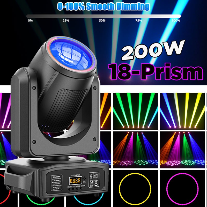 200W 18Prism LED Moving Head Light RGBW Gobo Beam Stage Lighting DJ Disco DMX