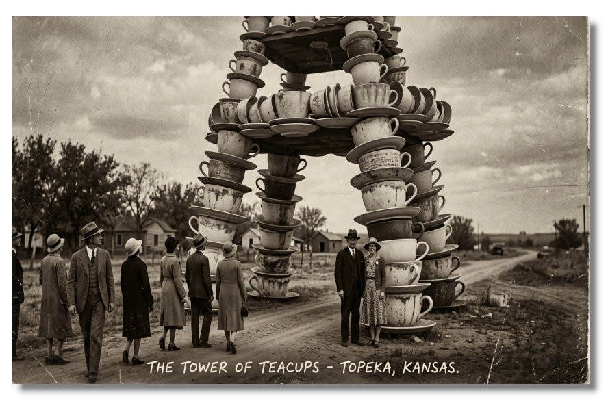 Vintage‑STYLE NEW ART 1930's RPPC-TOWER OF TEACUPS-TOPEKA, KANSAS-FAUX