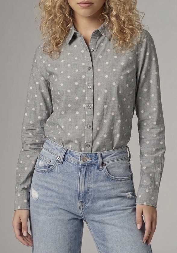 NWT Talbots Women’s Size PM Gray Pink Polka Dot Cotton Button Up Blouse NWT Talbots Women’s Size PM Gray Pink Polka Dot Cotton Button Up Blouse