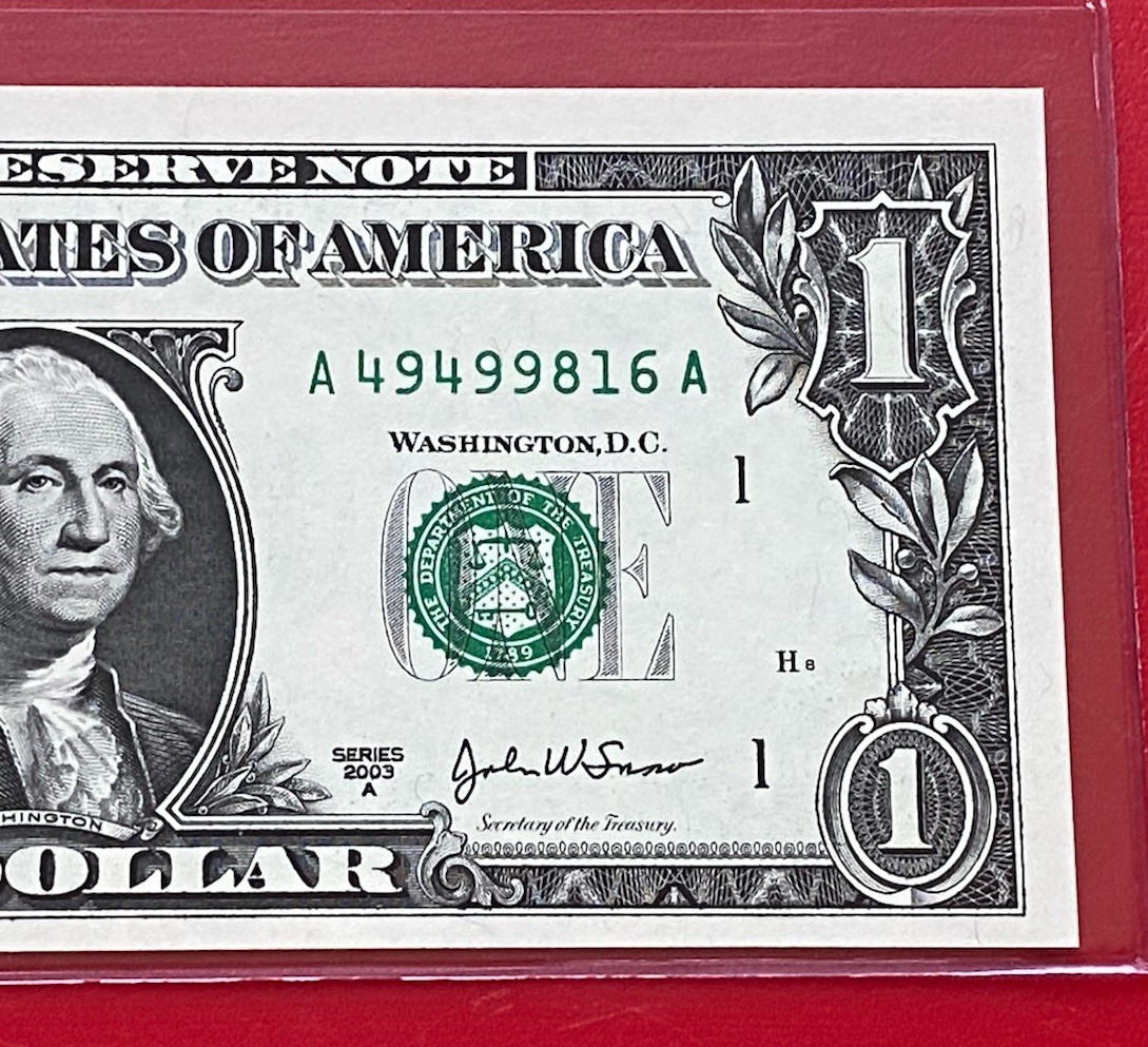 2003A $1 Dollar Bill FRN, ( BOSTON A ) UNCIRCULATED BANKNOTE.