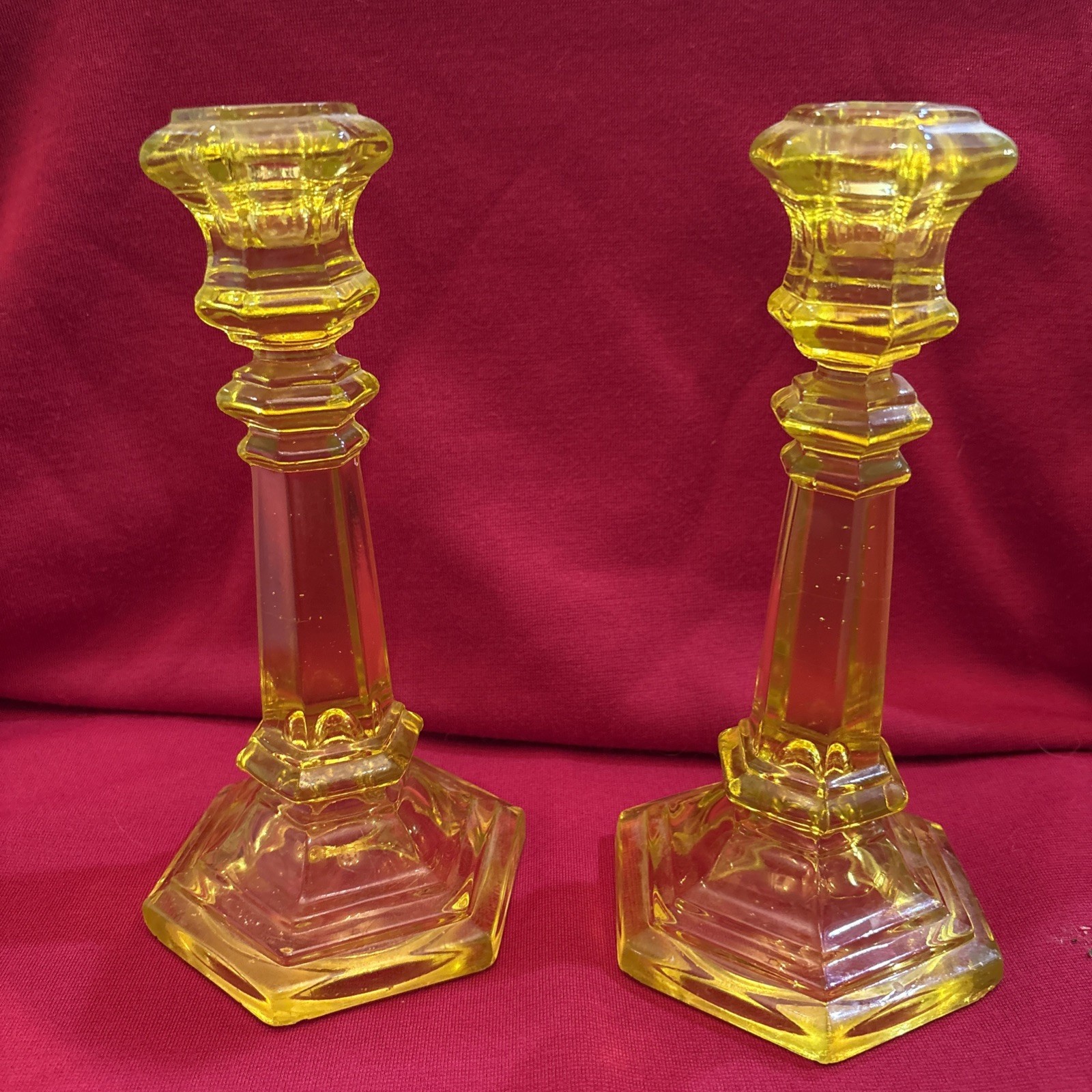 Antique C. 1850 Pressed Boston Sandwich Glass Canary Candlestick 9” Pair RARE Antique C. 1850 Pressed Boston Sandwich Glass Canary Candlestick 9” Pair RARE