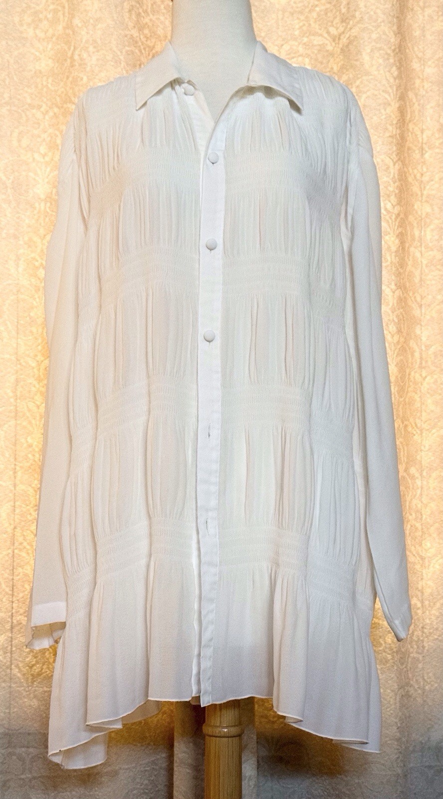 VIVIENNE TAM white vintage shirt top sheer shirred POET BLOUSE ruched BOHO