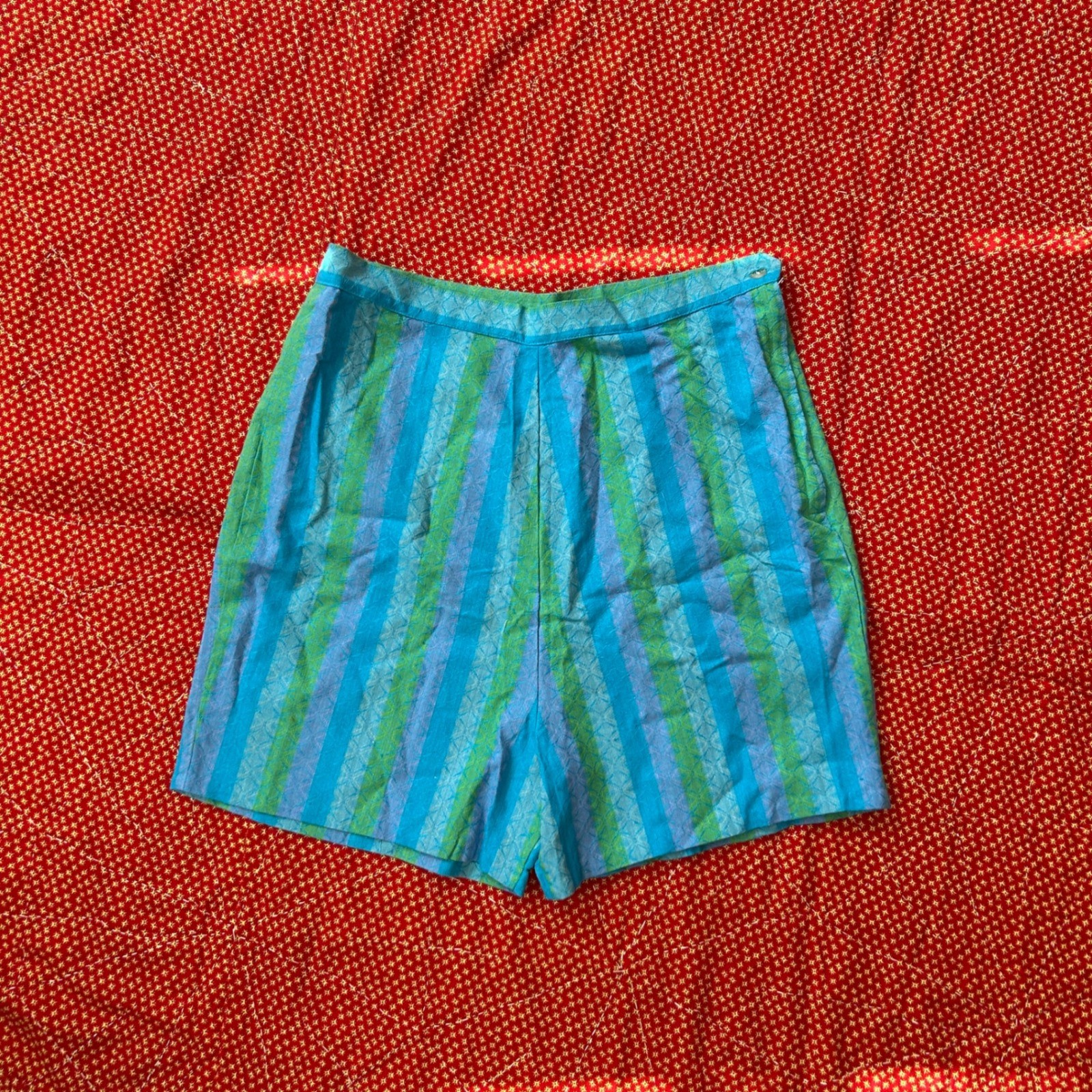 Vintage 1950s 1960s Norwood Blue Green Striped High Waisted Shorts Cotton 18