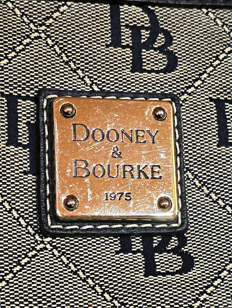 Dooney & Bourke Logo Tote Bag Black Gray Zip Double Handles Gold Hardware