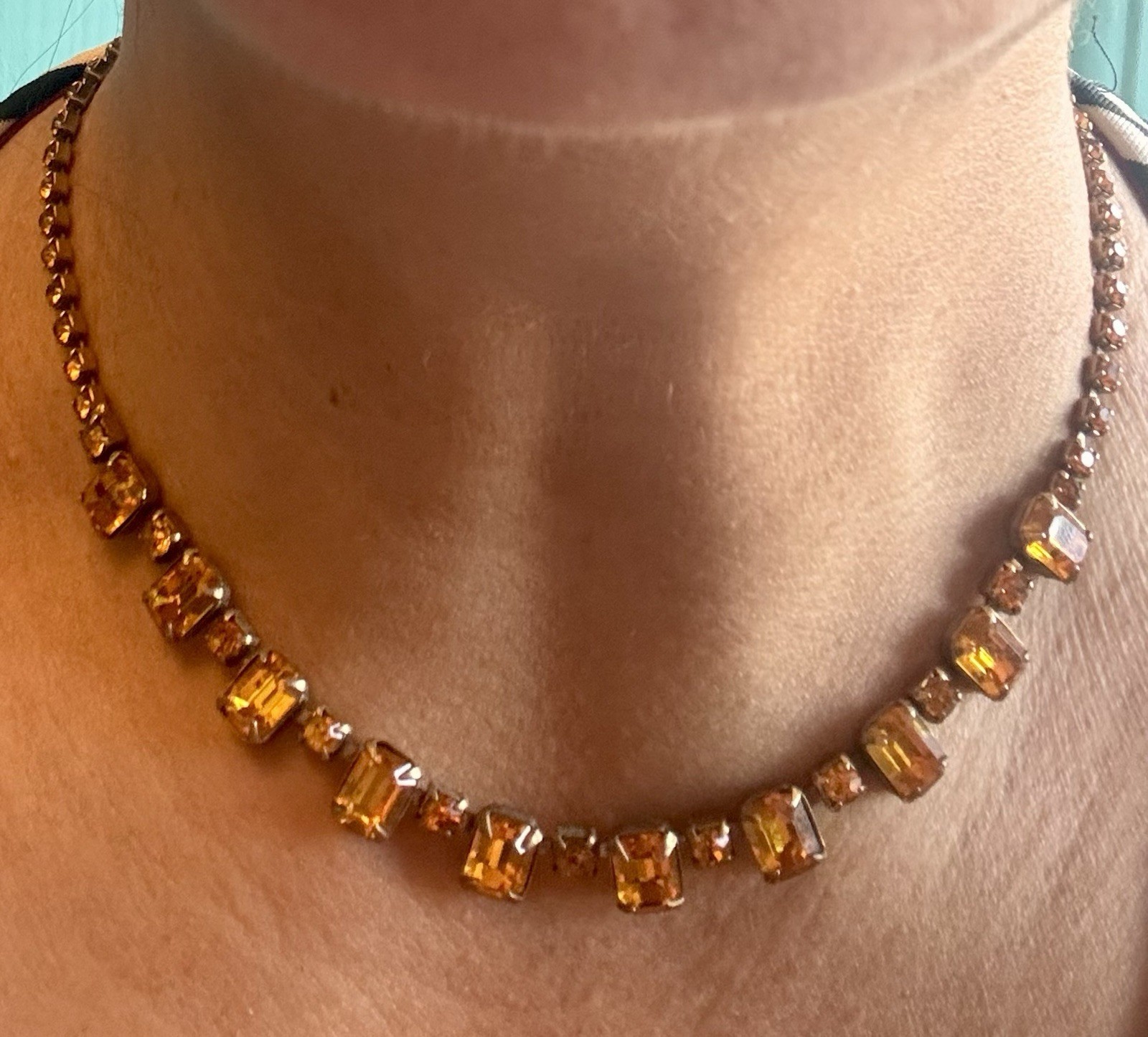 Vintage Signed WEISS Amber Topaz Rhinestone Collet Riviere Choker Necklace 1950s