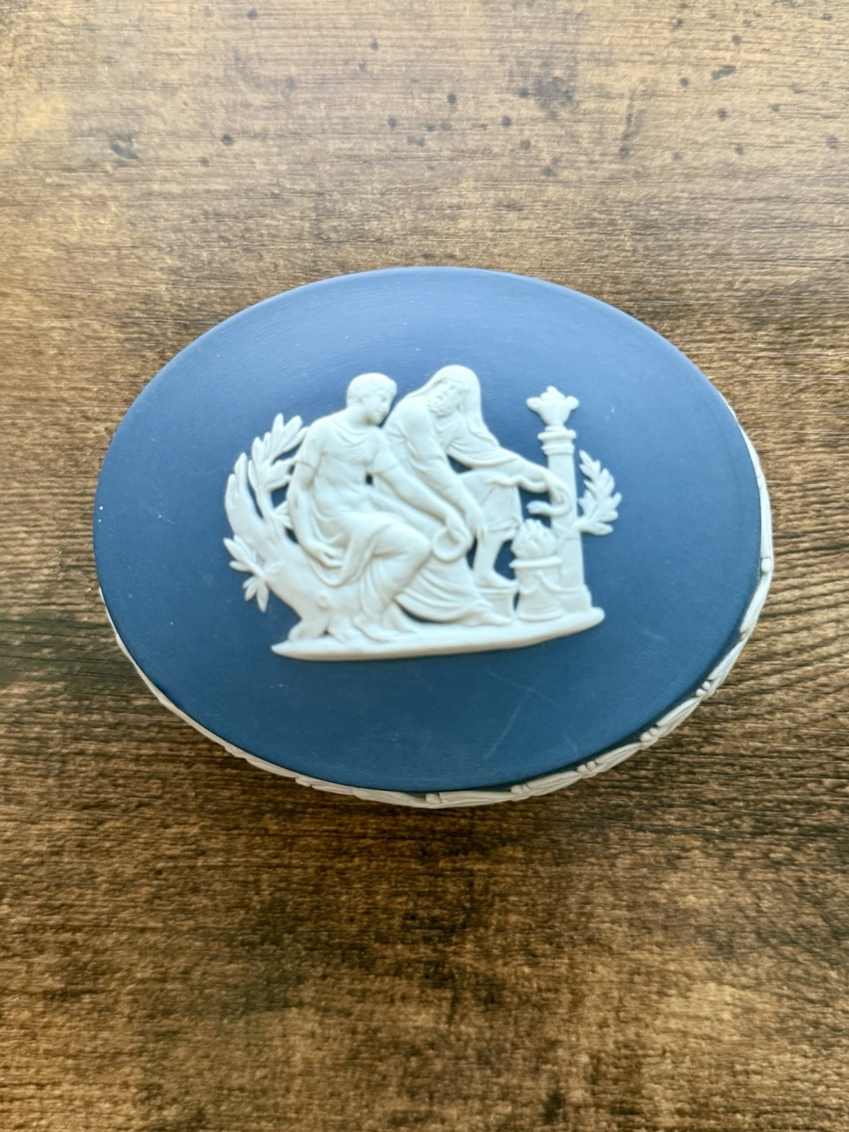 Vintage Wedgwood Blue Jasperware Oval Trinket Box White Relief 4” England Vintage Wedgwood Blue Jasperware Oval Trinket Box White Relief 4” England