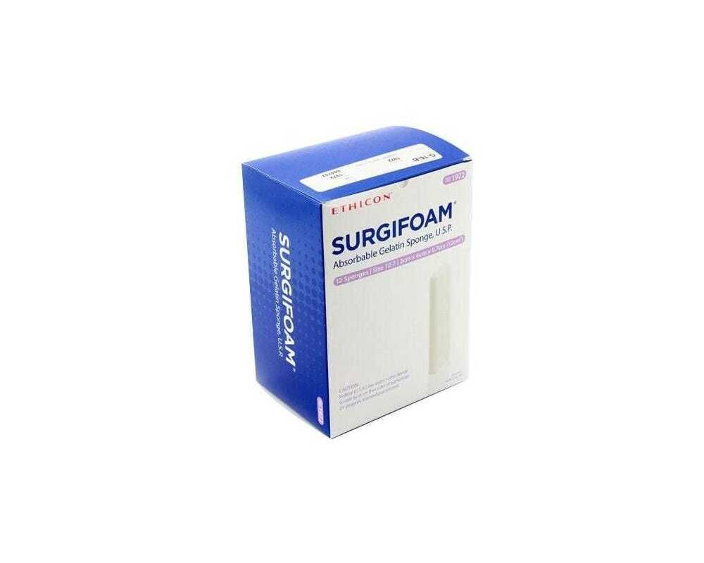 SURGIFOAM Absorbable Gelatin Sponge, 2cm x 6cm x 7mm 12/Box SURGIFOAM Absorbable Gelatin Sponge, 2cm x 6cm x 7mm 12/Box