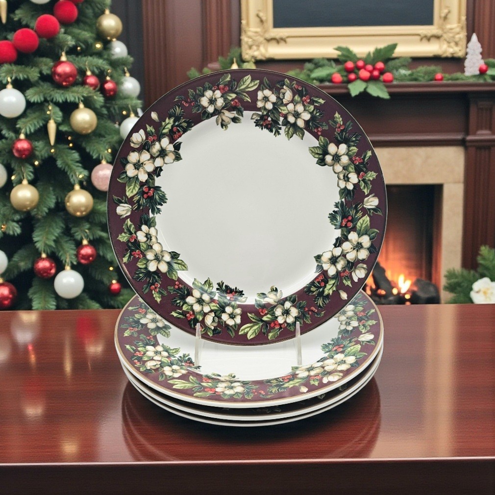 VTG Sakura Splendor Porcelain Dinner Plate Set (4) Red Green Floral Gold Rim 11\