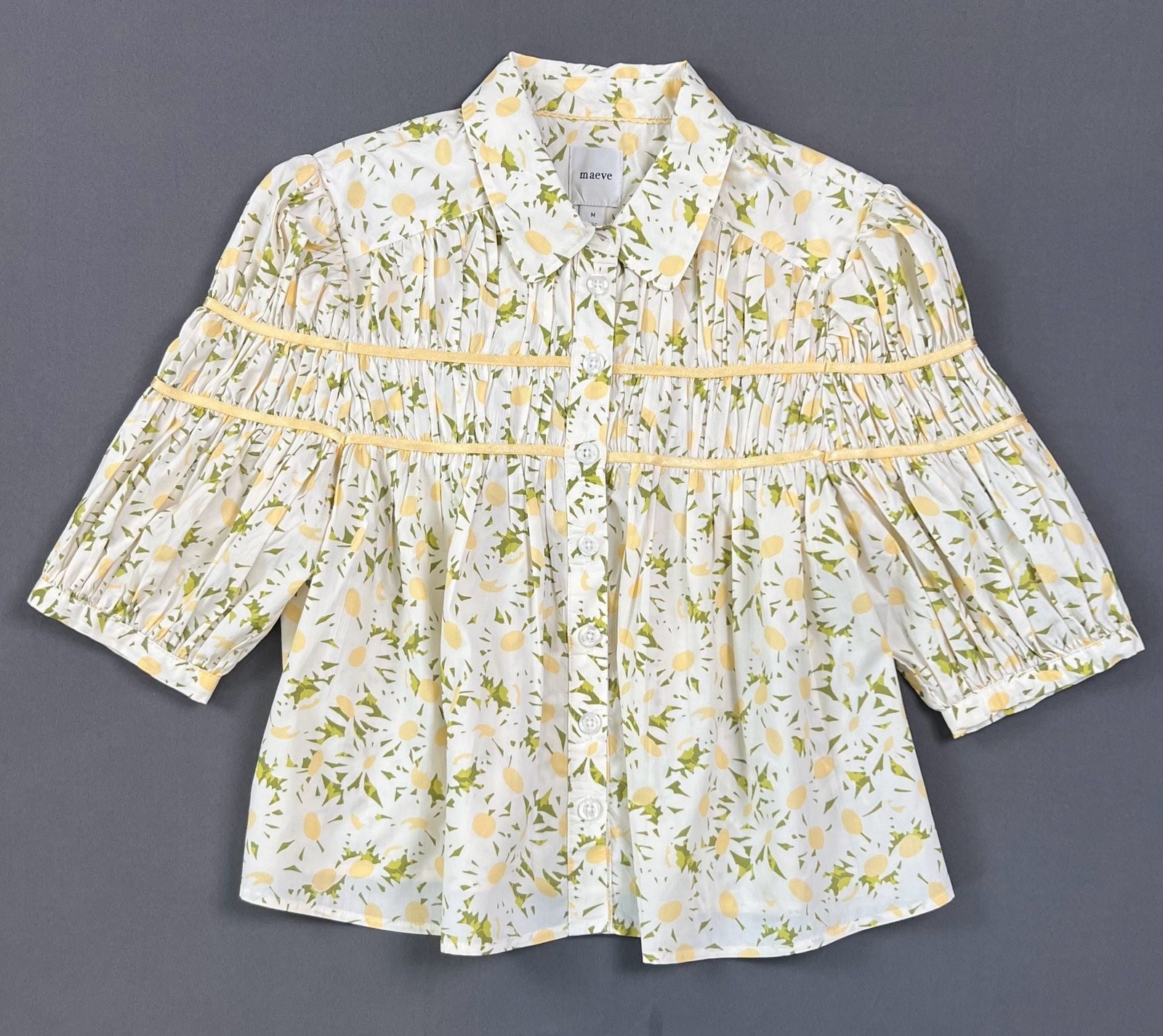Maeve The Leandra Shirred Yoke Blouse Size M Yellow Floral Cotton Maeve The Leandra Shirred Yoke Blouse Size M Yellow Floral Cotton