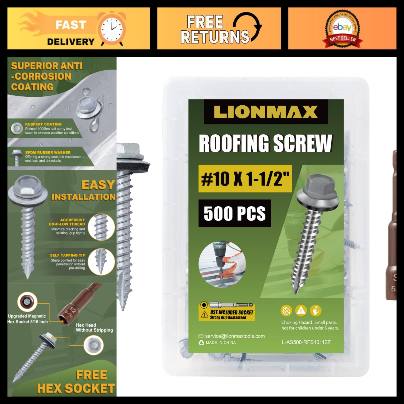 500 PCS Metal Roofing Screws #10 x 1.5