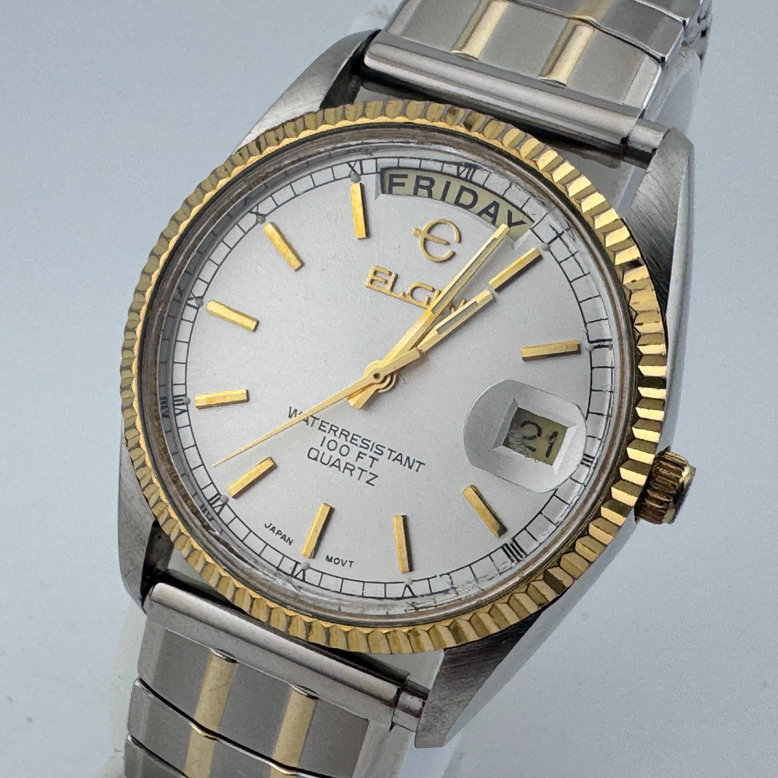 Vintage Elgin Quartz Watch FC412 Men Dual Tone Fluted Bezel Day Date New Battery