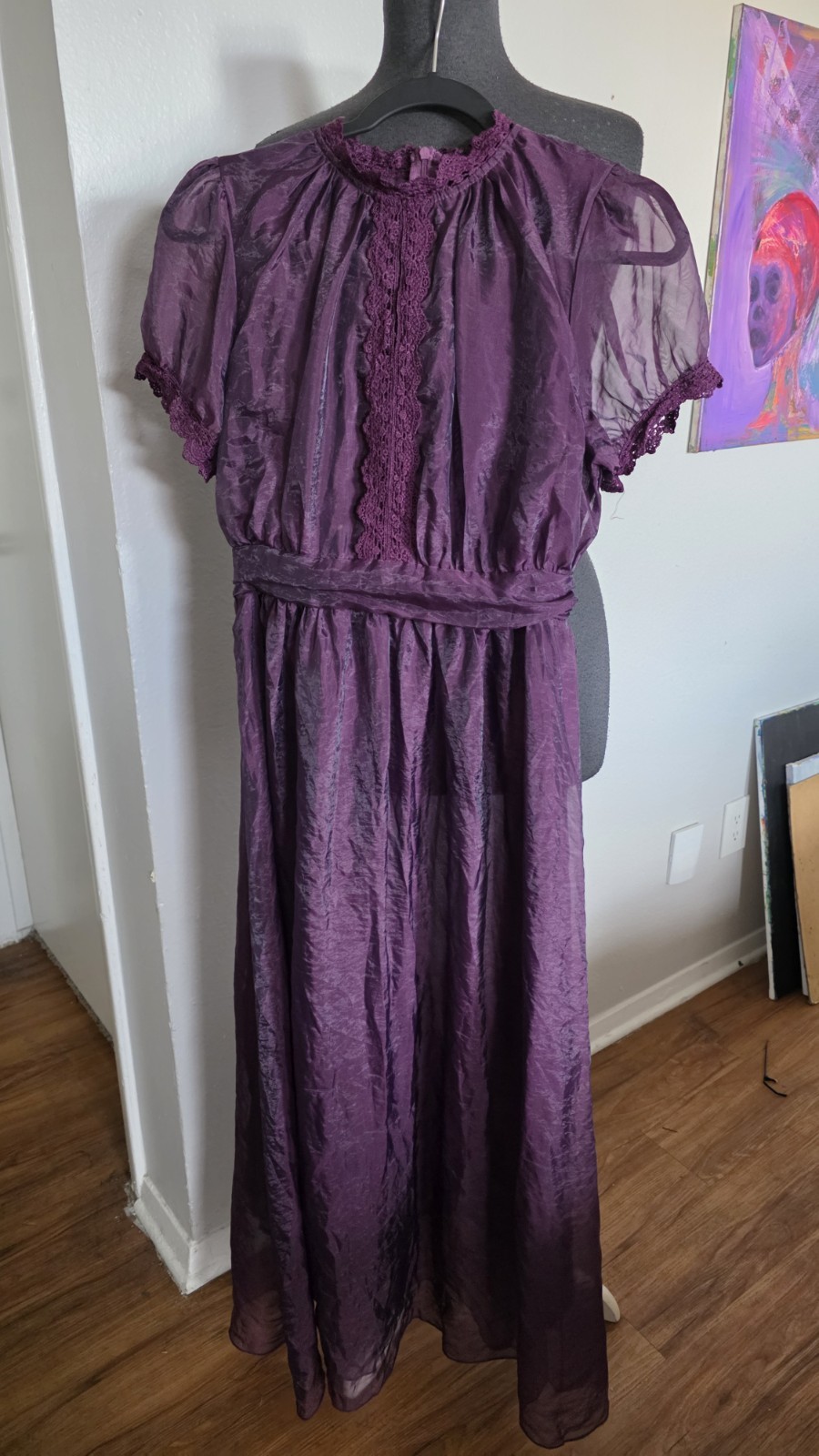 Vintage 80s Purple Victorian Prairie Maxi Dress Lace Puff Sleeve Romantic