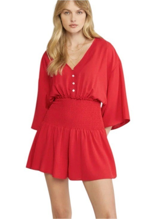NWT ENTRO Anthropologie Romper Large Red Smocked Waist Preppy Vacay Retro