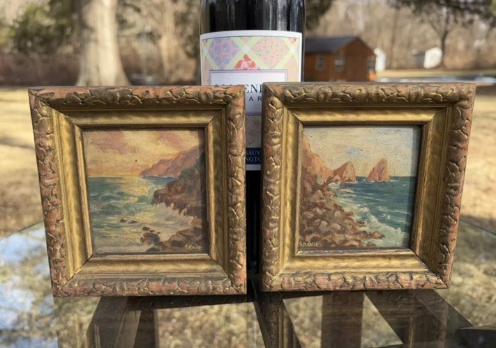 ~1930s PAIR of Mini Plein Air Oils of CA Coast by E. Ravel / ~3x4” / Orig Frames