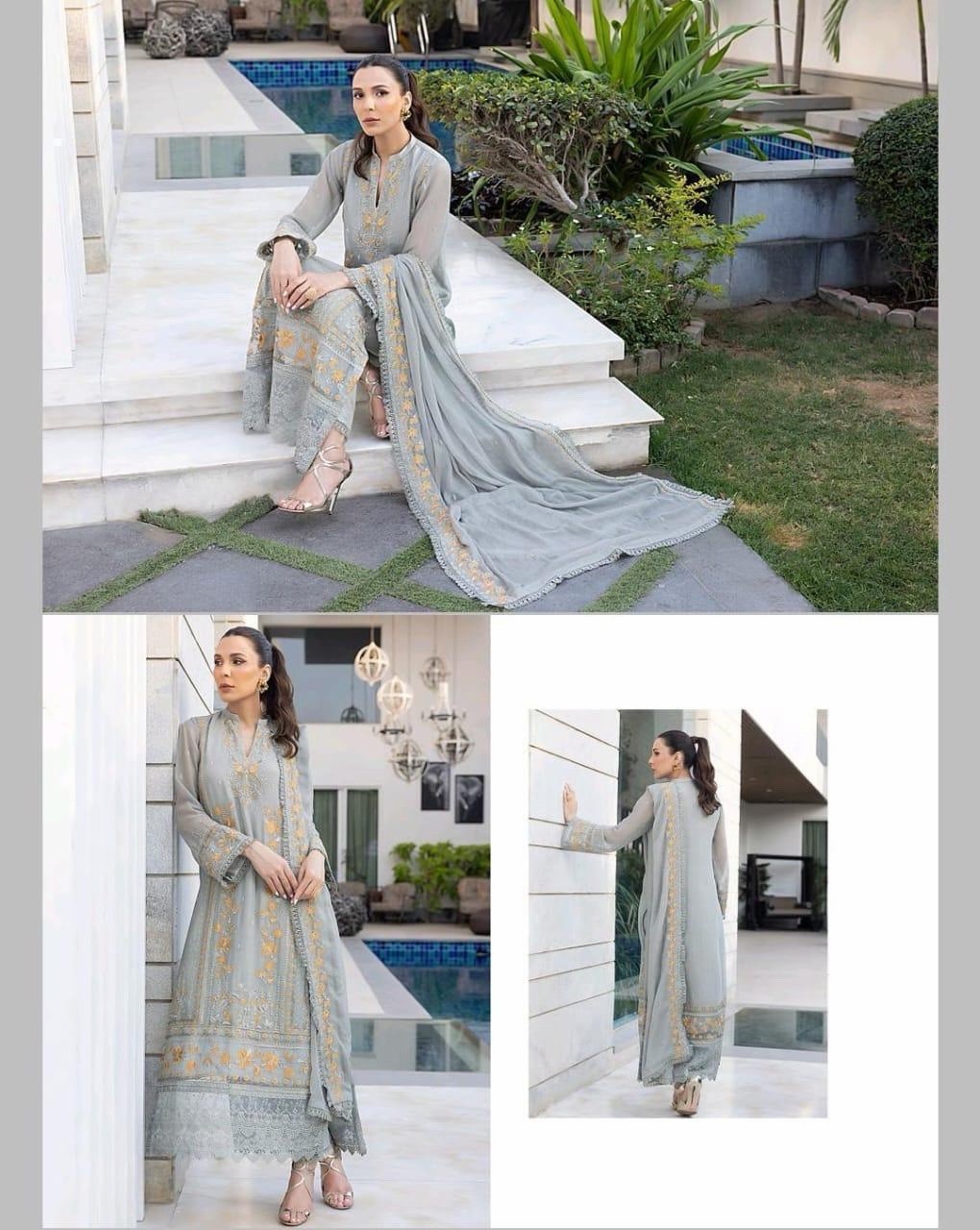 Women Gray Embroidered Salwar Kameez 3pc Suit Chiffon Size L-42 Women Gray Embroidered Salwar Kameez 3pc Suit Chiffon Size L-42